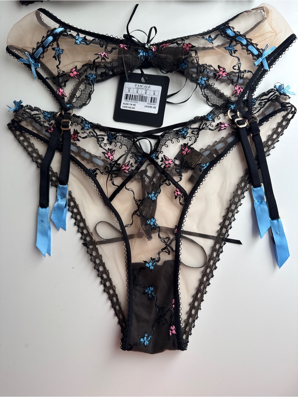 Honey birdette Set Bra panty garter belt Pascale Black blue Lingerie 32ddd S S - Picture 5 of 11